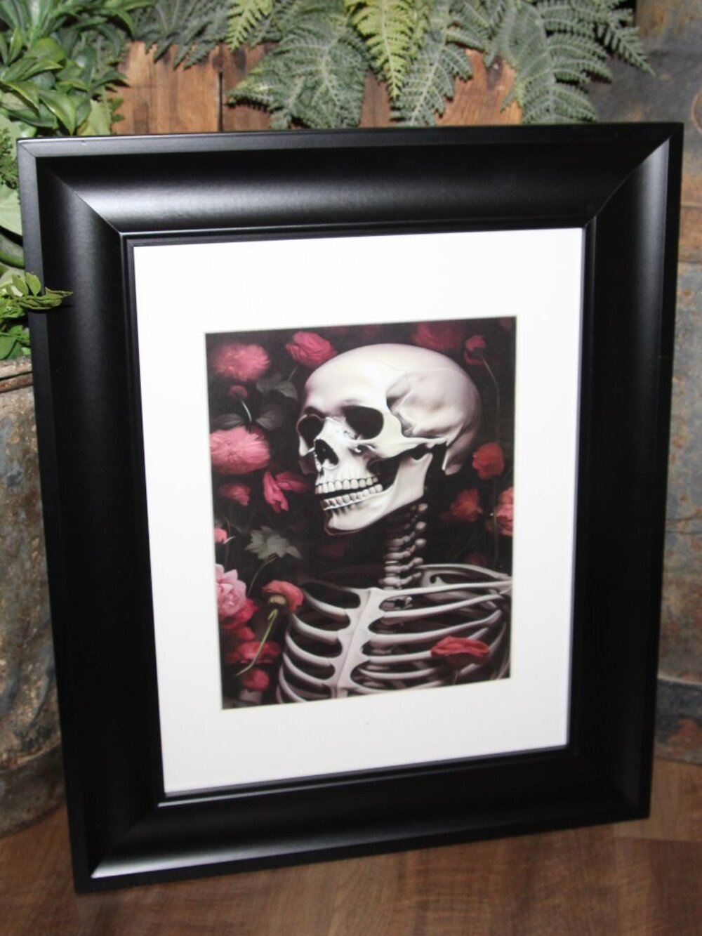 NEW Eclectic Dark Moody Gothic Skeleton & Pink Floral Framed Wall Decor Picture